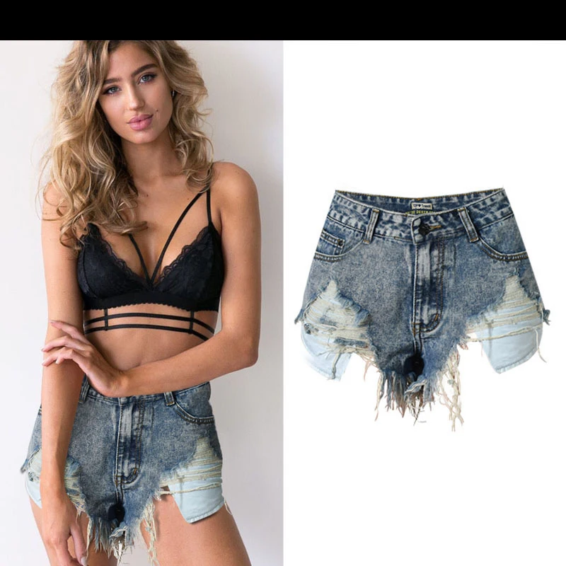 

Summer High Waist Ripped Raw Trim Women's Denim Shorts Casual Summer Short Jeans with Pockets