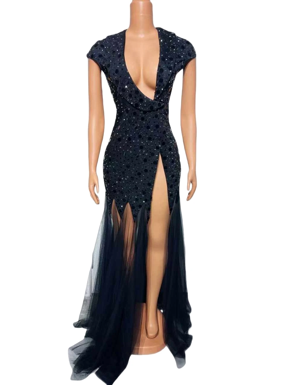 Vestido Sexy largo de malla con volantes y diamantes de imitación brillantes para mujer, vestido Sexy con cuello en V profundo para fiesta de cumpleaños, disfraz de actuación, ropa de escenario