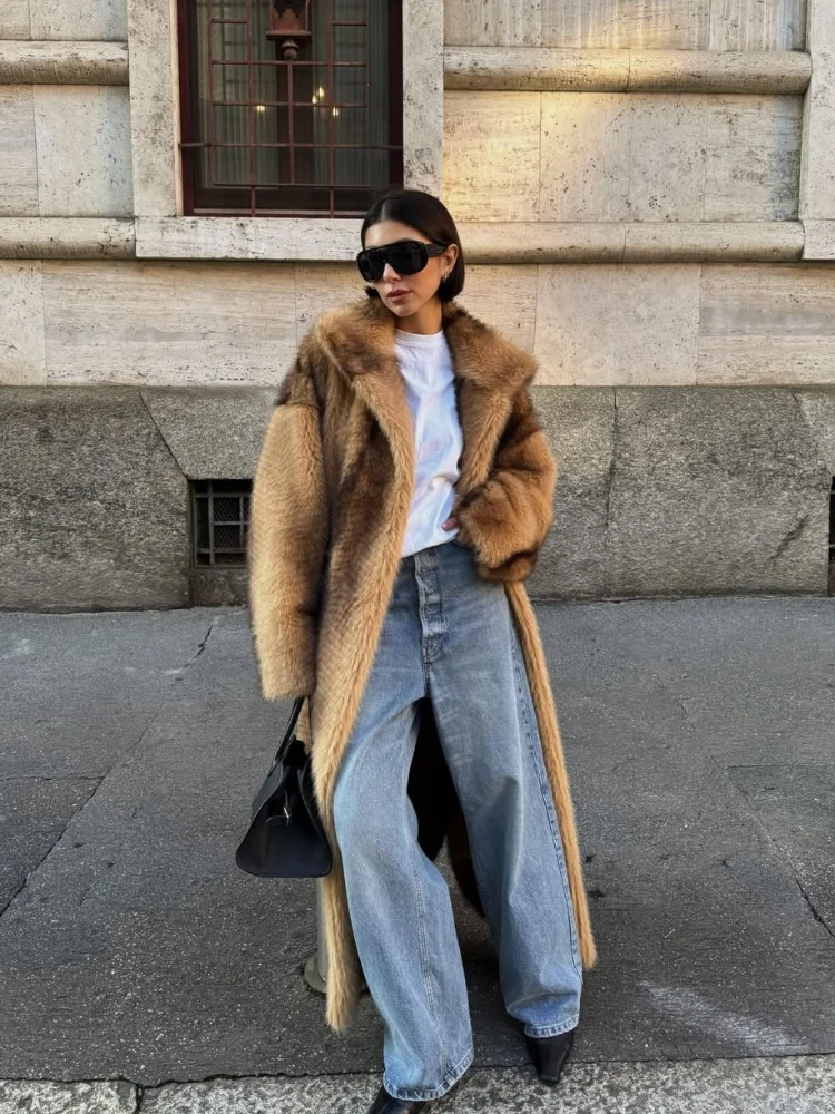 Fashion Women Tie-dye Long Faux Fur Coat Casual Full Sleeve Lapel V-neck Loose Furry Coats 2026 Lady Winter Daily Commute Wear