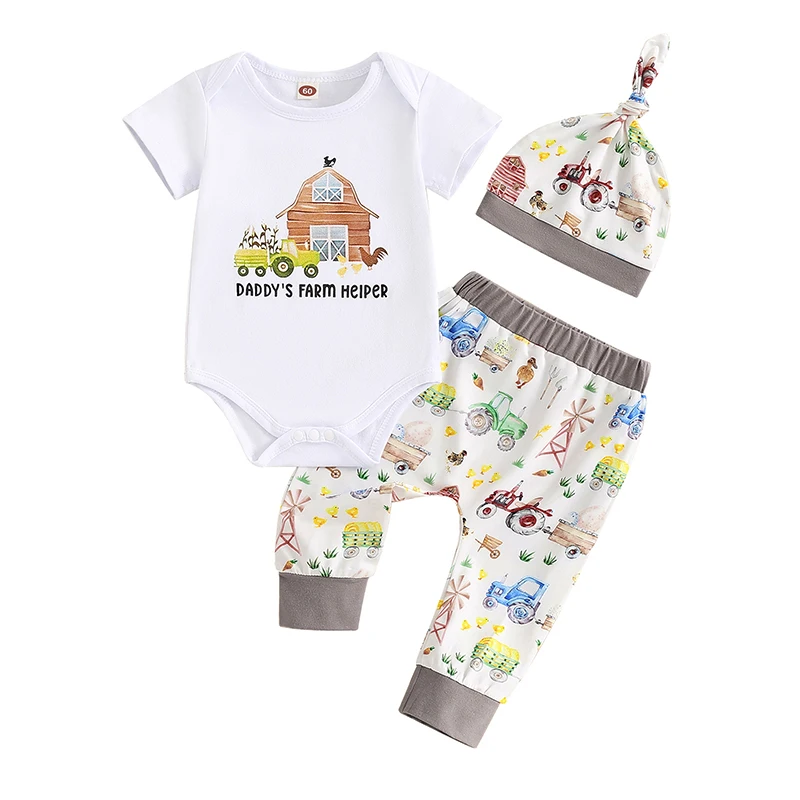 

Baby Boys 3Pcs Summer Outfits Short Sleeve Farm Print Romper Pants Hat Set Newborn Clothes