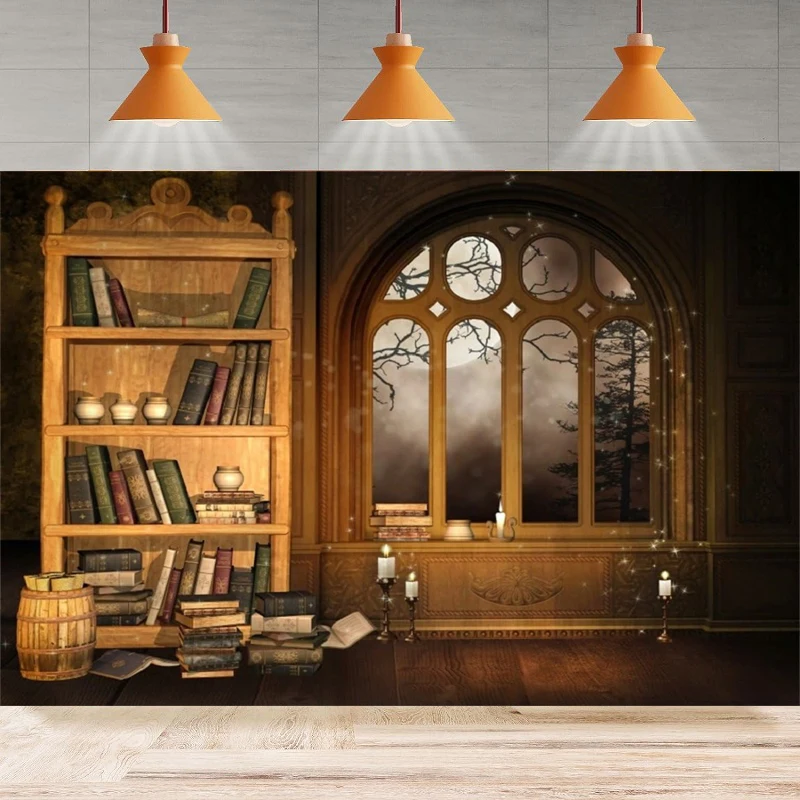 

Vintage Magic Room Photography Backdrop Retro Bookcase Old Bookshelf Window Book Candle Moon Night Girl Boy Portrait Background