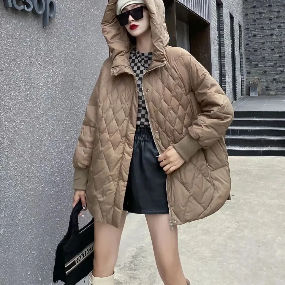 Women Down Coat Solid Jacket Shell Hooded Zipper Pocket Diamond Quilting Long Sleeve Longline Thick Loose Fit Casual 2025 Winter