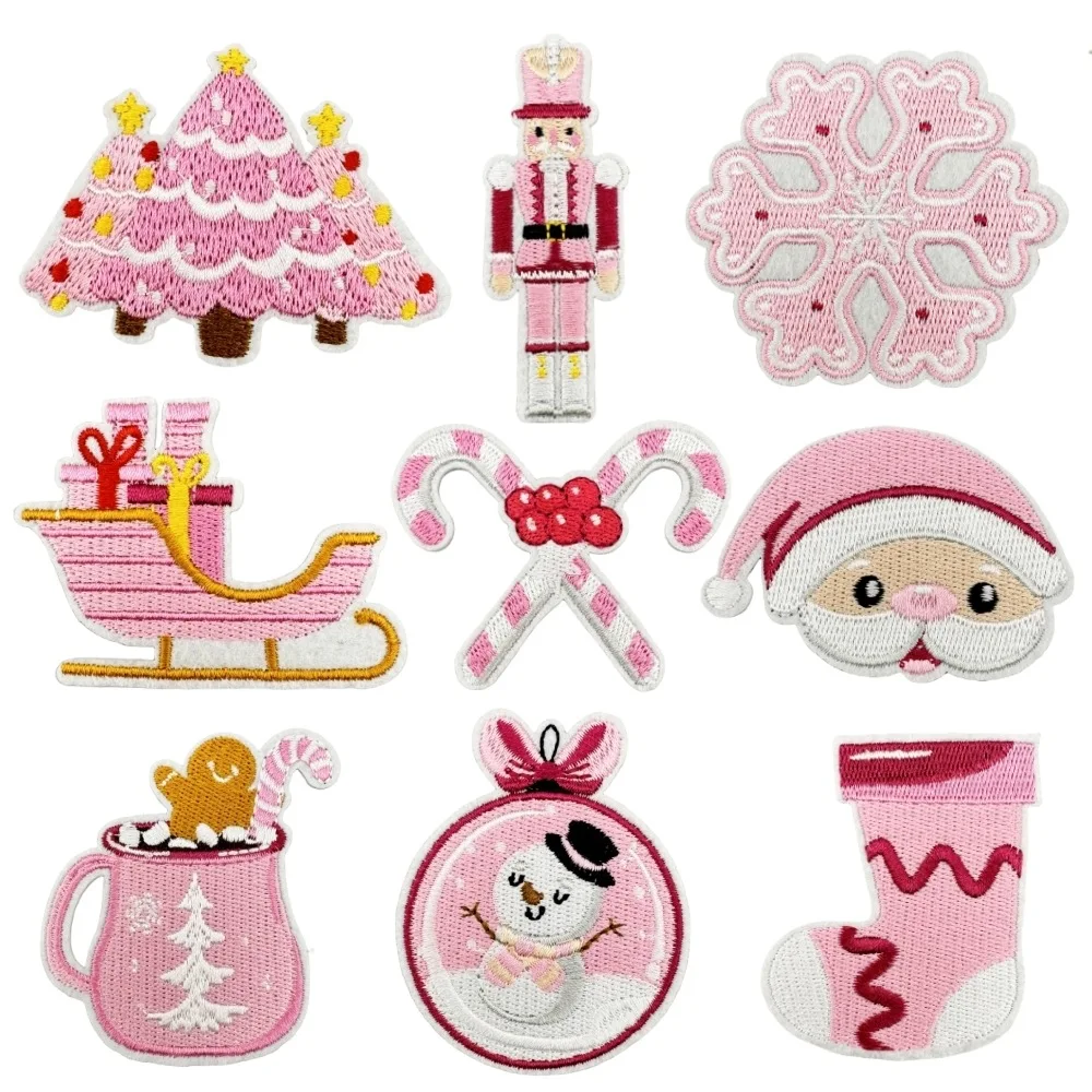 

9 PCS Iron on Patch Embroidered Pink Santa Claus Snowflake Appliques Stickers for Craft, Sewing, Clothing and DIY Christmas Gift