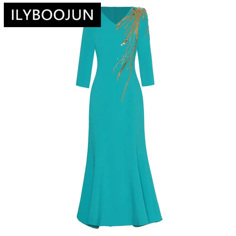 

ILYBOOJUN 2024 High Quality Fashion Designer Dress Women Sequin Beading Mermaid V Neck Long Sleeves Bodycon Party Maxi Dress