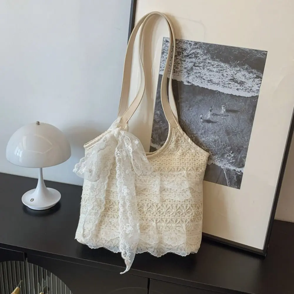 

Big Pouch Tote Bag Lace Shoulder Bag With Ribbon Kawaii Simple Canvas Handbag Korean Style Cloth Large Capacity Bag Daily