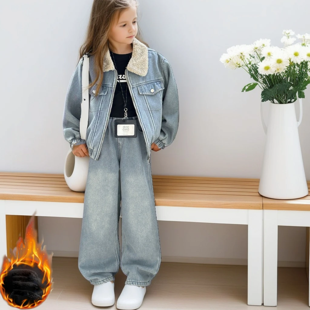 الفتيات الدنيم الزي مجموعة 2025 الشتاء موضة الفراء طوق سترة قصيرة بنطال ذو قصة أرجل واسعة 2-قطعة رشاقته الدافئة في سن المراهقة الاطفال الملابس 6-14 Y