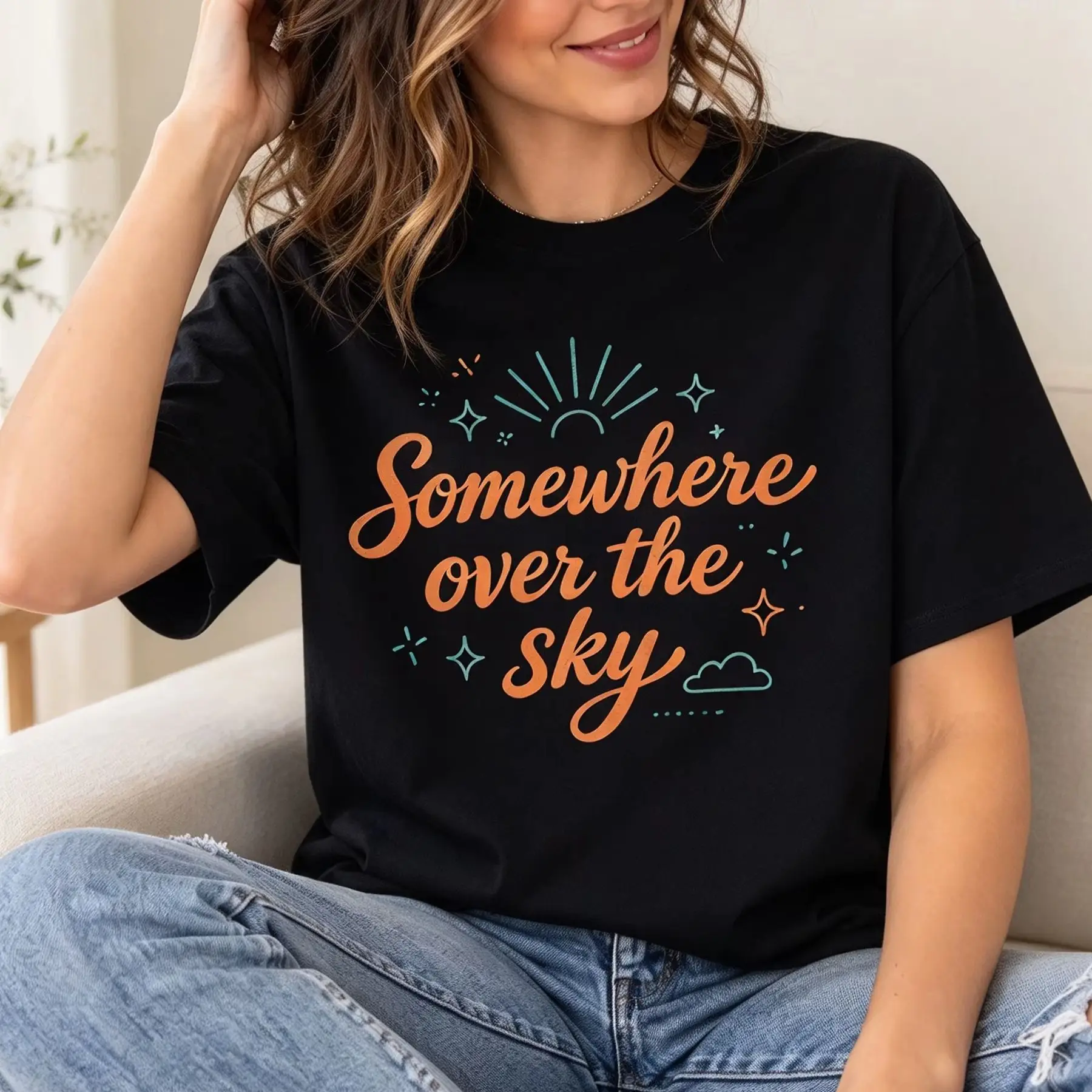 Somewhere Over The Sky Lettering Graphic T Shirt Women Retro Sun Cloud Star Casual Short Sleeve Aesthetic Ladies Tops