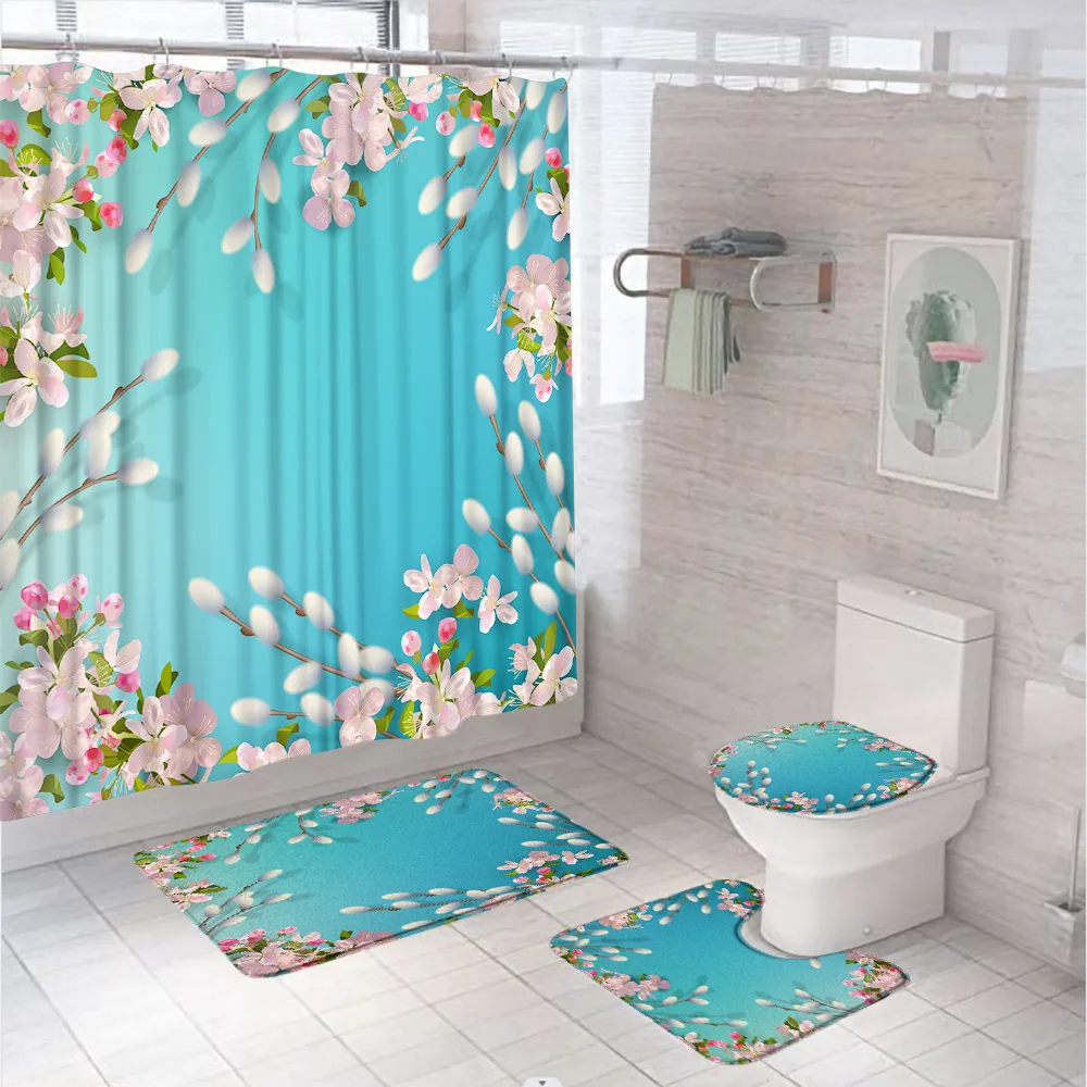 Pink Cherry Blossoms Shower Curtain Sets Tulip Rose Flowers Country Garden Scenery Bathroom Curtains Bath Mats Rug Toilet Cover