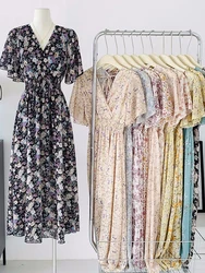 2025 여름 짧은 소매 캐주얼 드레스 여성 탄성 허리 Pleated Backless 인쇄 쉬폰 드레스 여성 미디 드레스 Vestidos