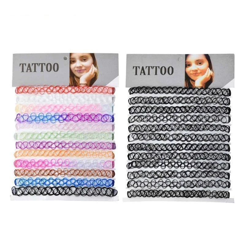 12PCS Hot Sell Vintage Hippy Stretch Tattoo Choker Necklace Elastic Chocker Necklace Fishing Line Tattoo Necklace Elastic