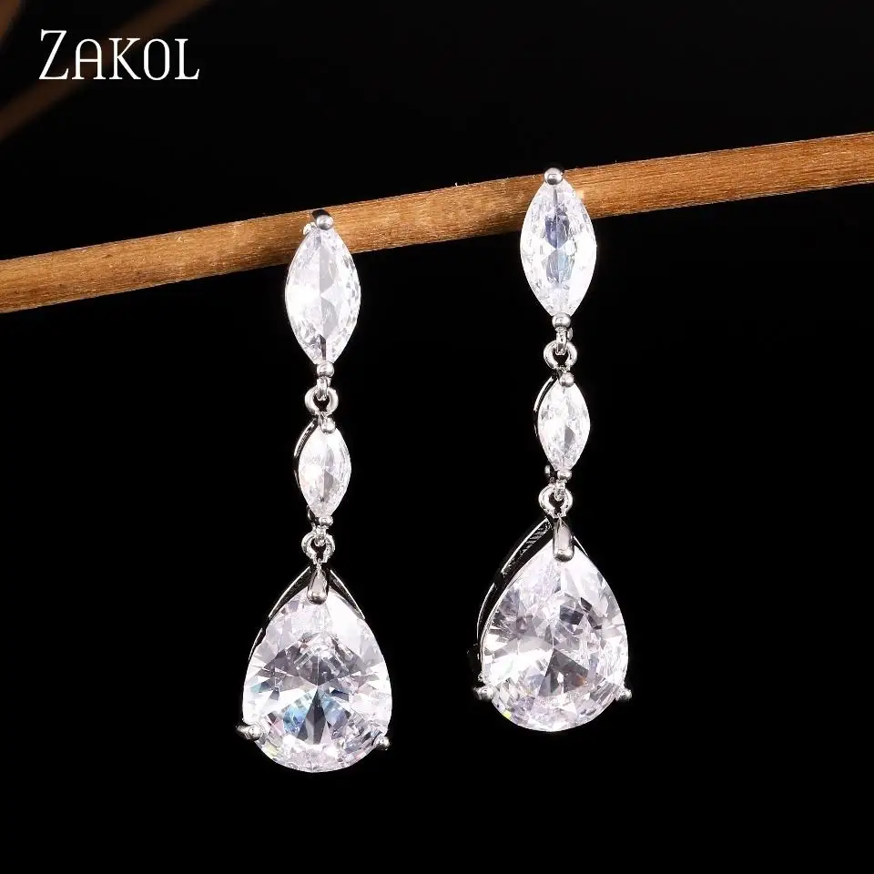 ZAKOL Water Droplet Shaped Micro Inlaid Zircon Women's Dangle Earrings Exquisite Versatile Bridal Wedding Party Charm Jewelry
