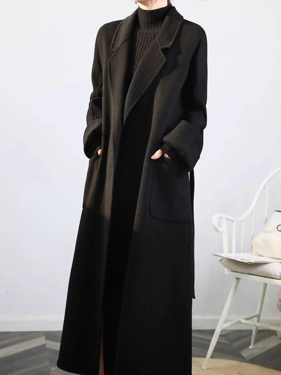

Korean Loose Long Sleeveturn-down Collar Solid Woolen Coats Women Lace-up Cashmere Coat Office Lady Winter 2025 Autumn