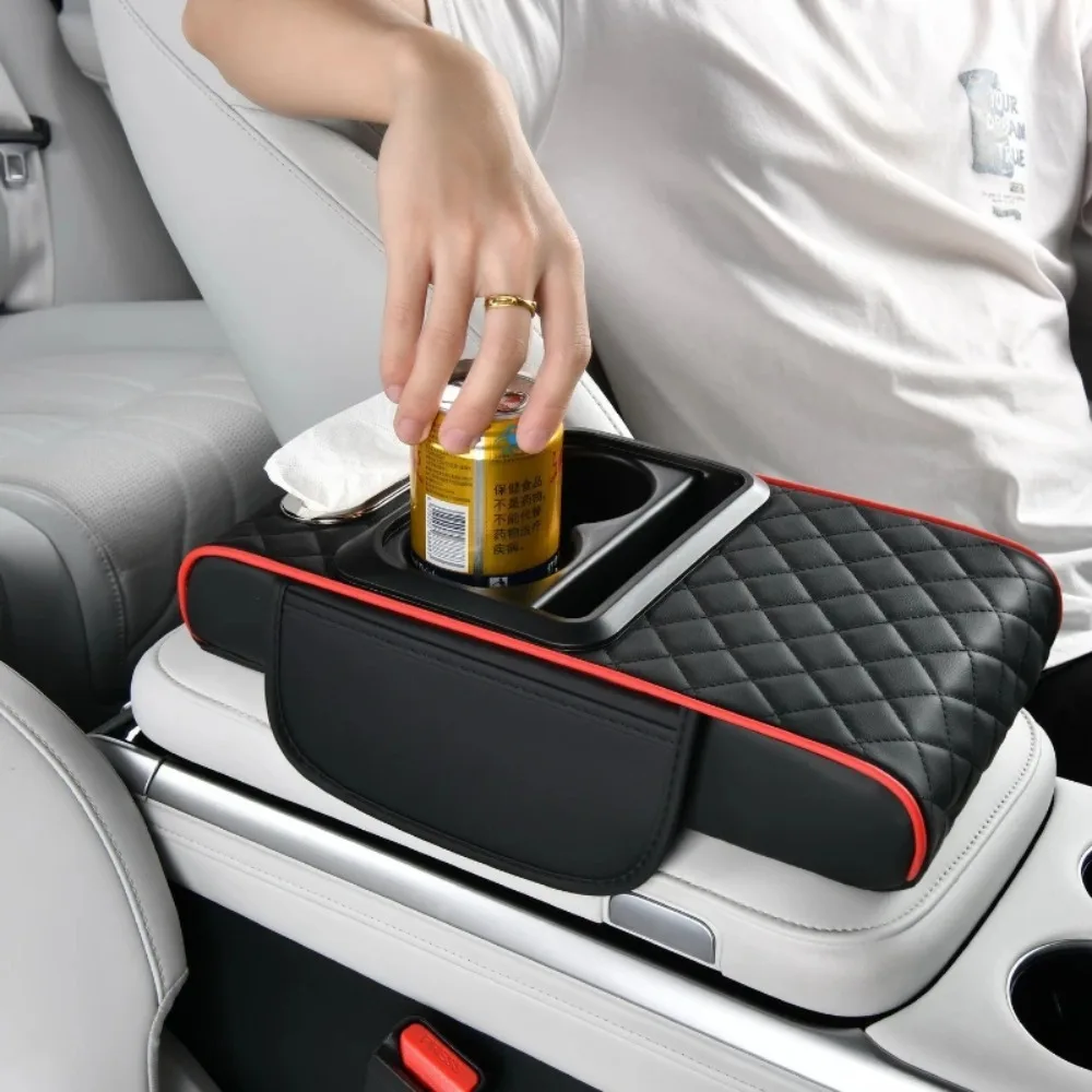 Auto Center Console Armrest Cushion With 2 Cup Holder PU Leather Armrest Pad Portable Car Amrest Pillow Cover Height Pad