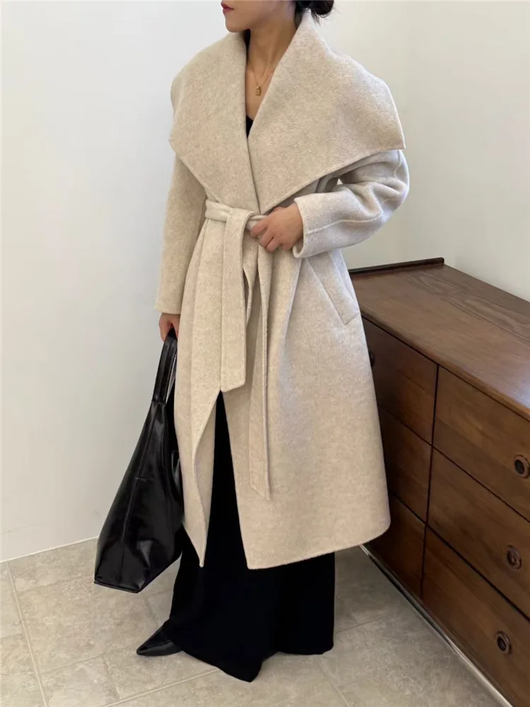 Turn Down Collar Double Wool Side Long Trench Wool Coat Women Fashion Thick Loose Winter Jacket 2025 Korean Coat Suit for Women