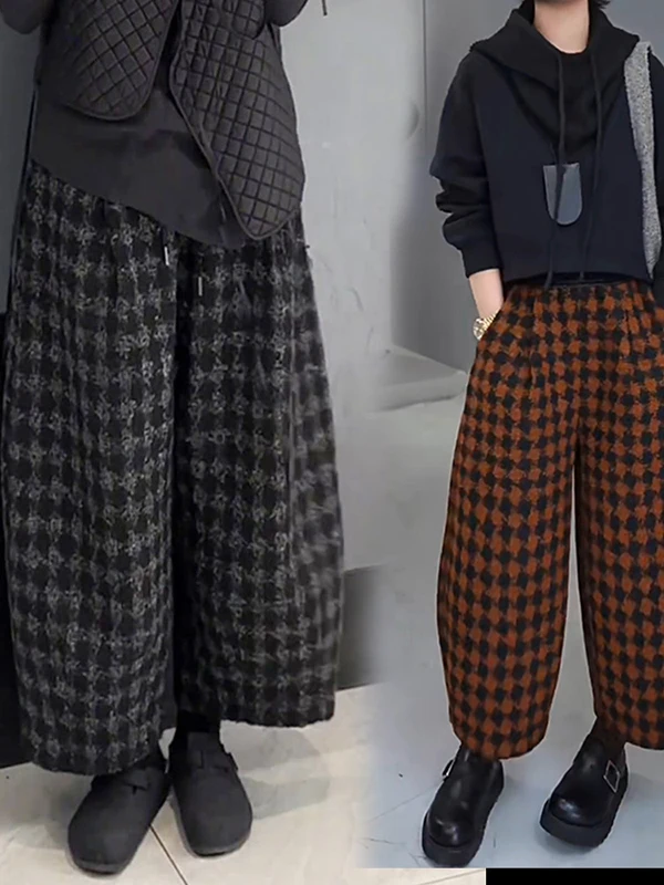 Retro Plaid Woolen Casual Pants Women High Waist Loose Balloon Pants Casual Straight Leg Trousers for Ladies Daily Wear
