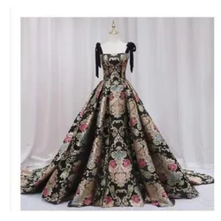 Jacquard Fabric Evening Dresses With Big Train A-line Evening Gown Vintage Elegant Party Dress Plus Size Abendkleider Customized