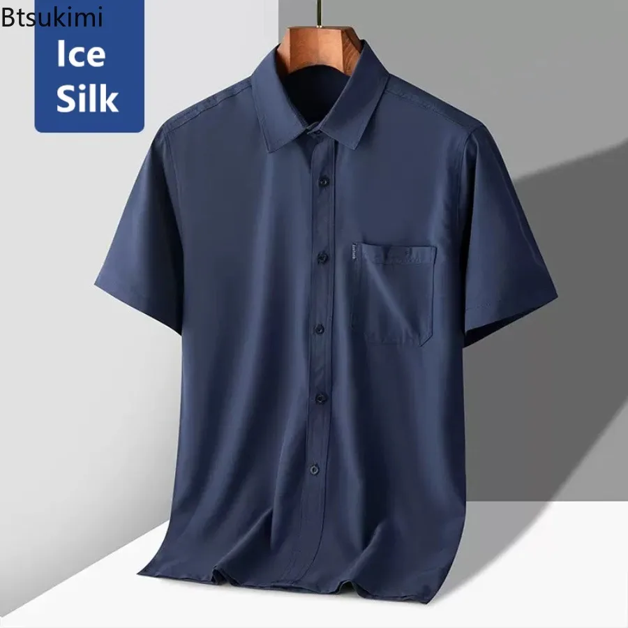 Summer New Men's Solid Short Sleeve Business Casual Shirts High-grade Ice Silk Breathable Lapel Blouse Pocket White Shirts Male