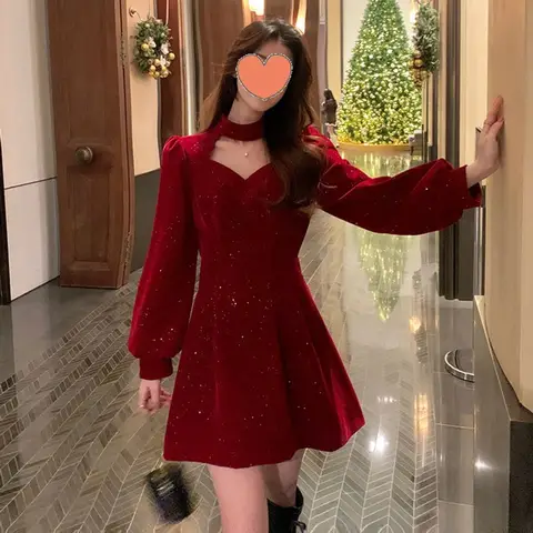 Vestido de Navidad de terciopelo rojo para mujer, falda corta acampanada a la moda, cintura alta, manga larga, lentejuelas de poliéster, sensación Sexy
