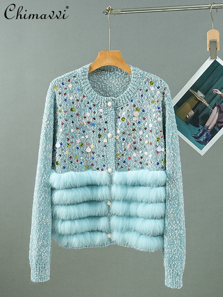 

2024 Autumn and Winter New Sweater Fur Sequins Real Fox Hair Splicing Cardigan Knitted Sweater Jacket For Women