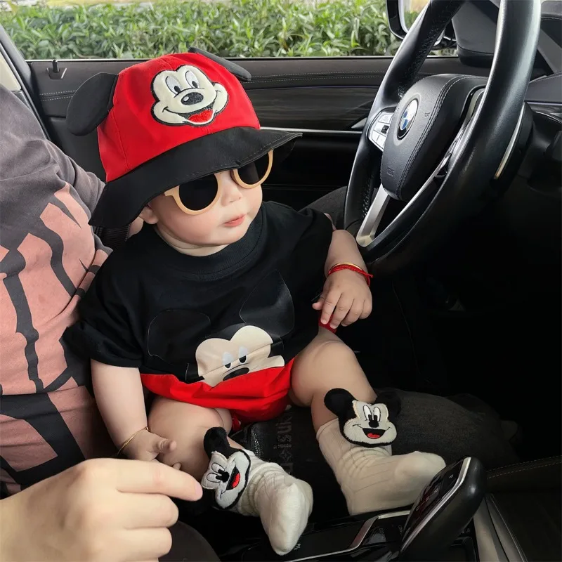 Summer Newborn Bodysuit Sock Hat 3pcs Set Cartoon Mickey Mouse Boys Girls Jumpsuit Infant Costume Short Sleeve Clothing K2421