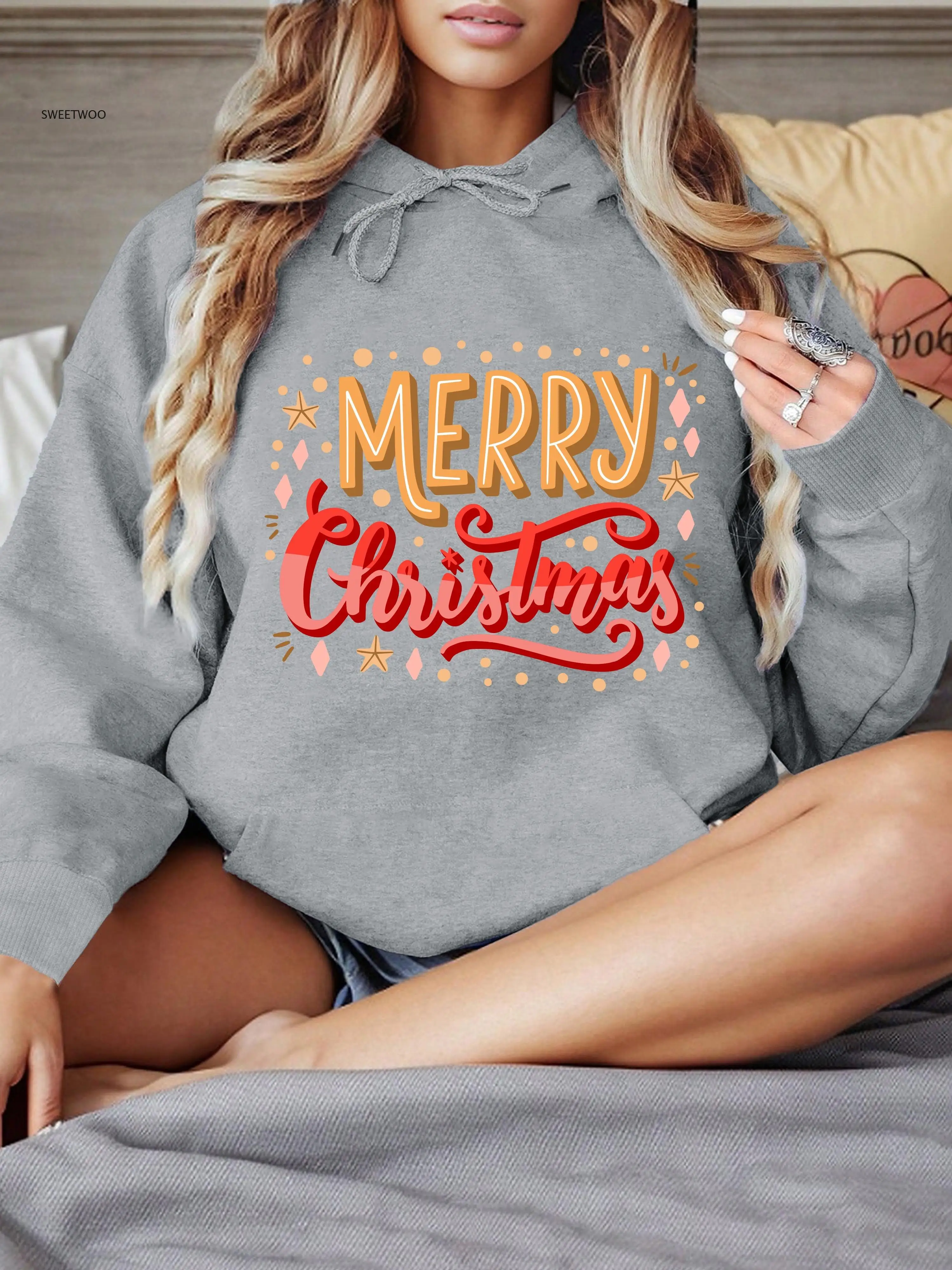 

Толстовка с карманом-кенгуру с рождественским принтом, повседневная толстовка с длинными рукавами и завязками, женская одежда