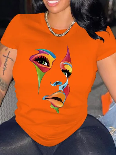 Camiseta gráfica casual feminina, blusa com gola redonda, roupa estampada da moda, primavera e verão, nova