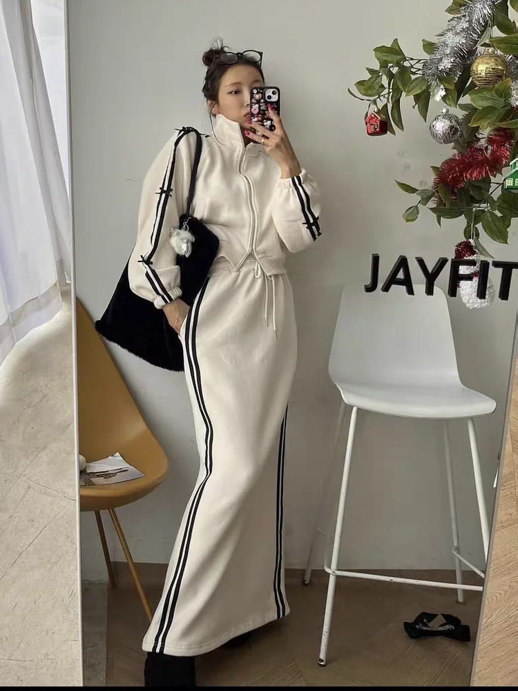 

Толстовка с двойной полосой и узлом, кардиган, женский антивозрастной комплект с разрезом на талии и юбкой, хлопковый весенний комплект 2024 г.