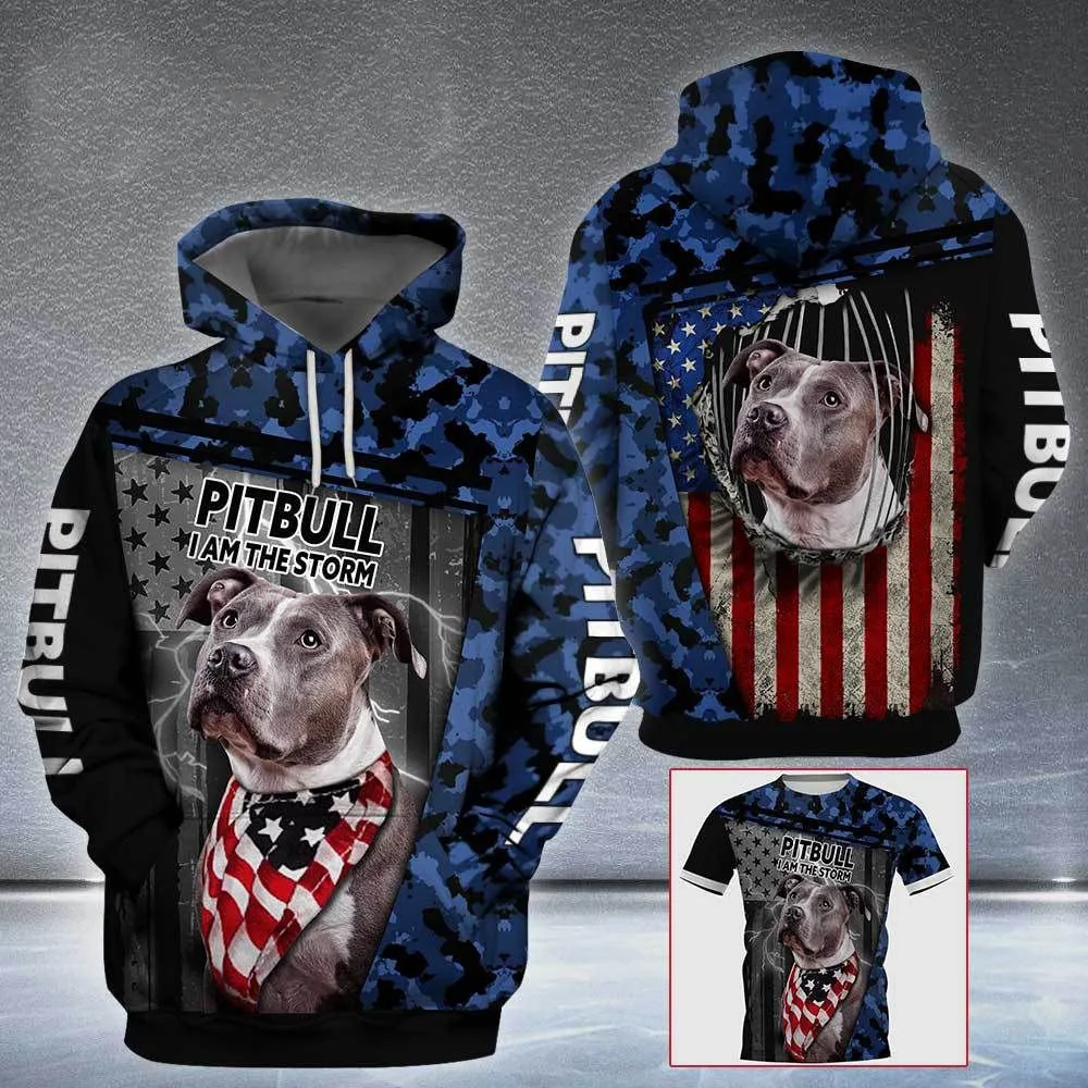 HX Animals Pitbull Hoodies T-shirts I Am The Storm American Flag 3D Printed Coats Casual Sweatshirts Men Clothing Dropshipping