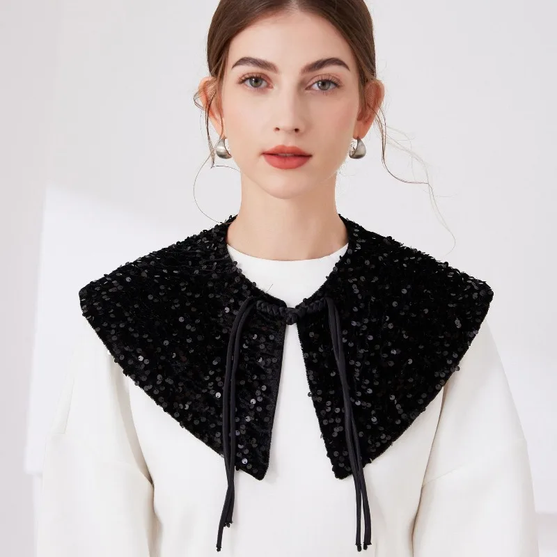 여성용 셔츠 가짜 칼라, 여성용 스팽글 장식 클래식 라펠 셔츠, 탈부착 가능한 숄 가짜 칼라, 여성 및 소녀 의류용