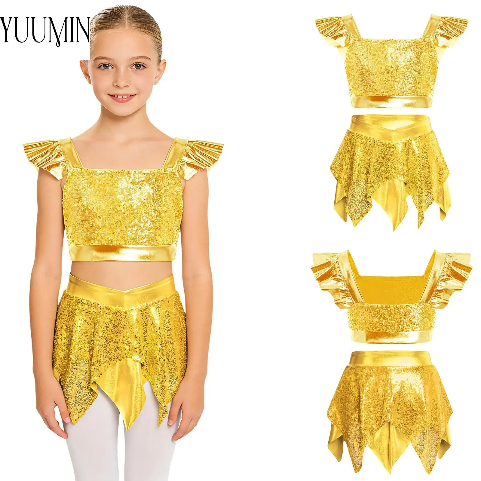 

Girls Glitter Sequin Dance Outfit Square Neck Ruffled Sleeve Crop Top Asymmetric Skirt Set for Show & Competition