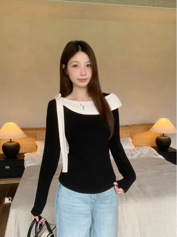 T-shirt a maniche lunghe con fiocco rosso con colletto arricciato chic francese per top taglie forti da donna abbigliamento casual da donna da ufficio autunnale