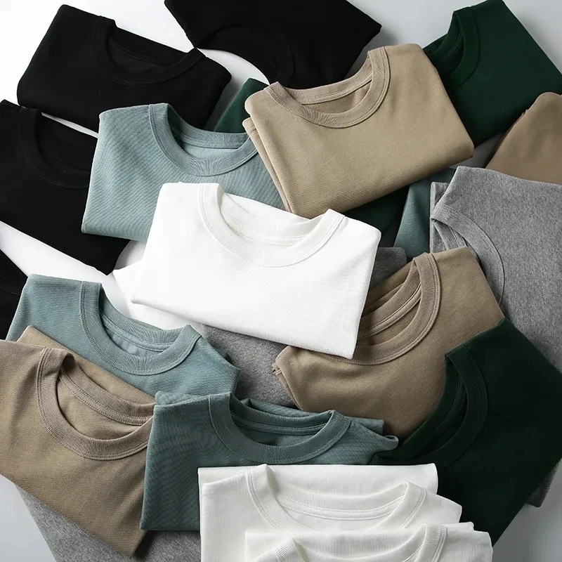 Combed Cotton Short Sleeve round Neck T-Shirt 300g Men's Summer Slim Fit Fashionable  Color Turn-down Collar Tee