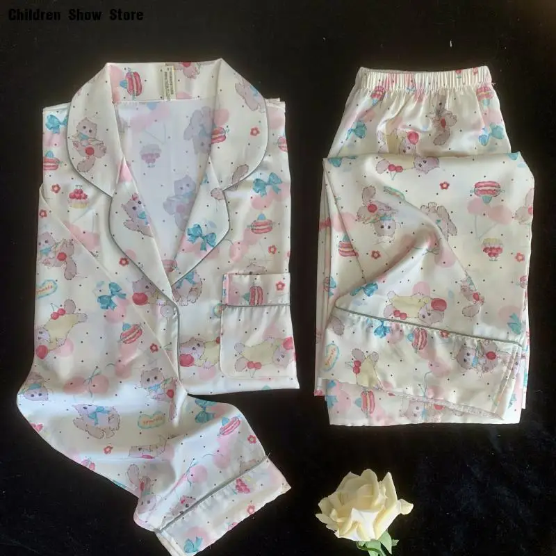 

Cartoon 2Pcs Loungewear Female Pajamas Suit Long Sleeve Top Pants Single Breasted Shirt Trousers Suit Thin New Home Clothes