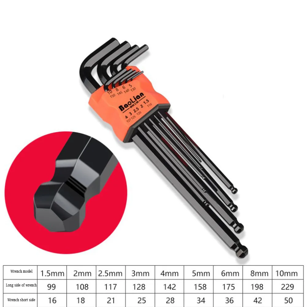 9Pcs Hex Wrench Set Allen Wrench Allen Screwdriver Tool Square Wrench Torx Inner Hexagonal Long Ball End L Key 1.5 - 10mm