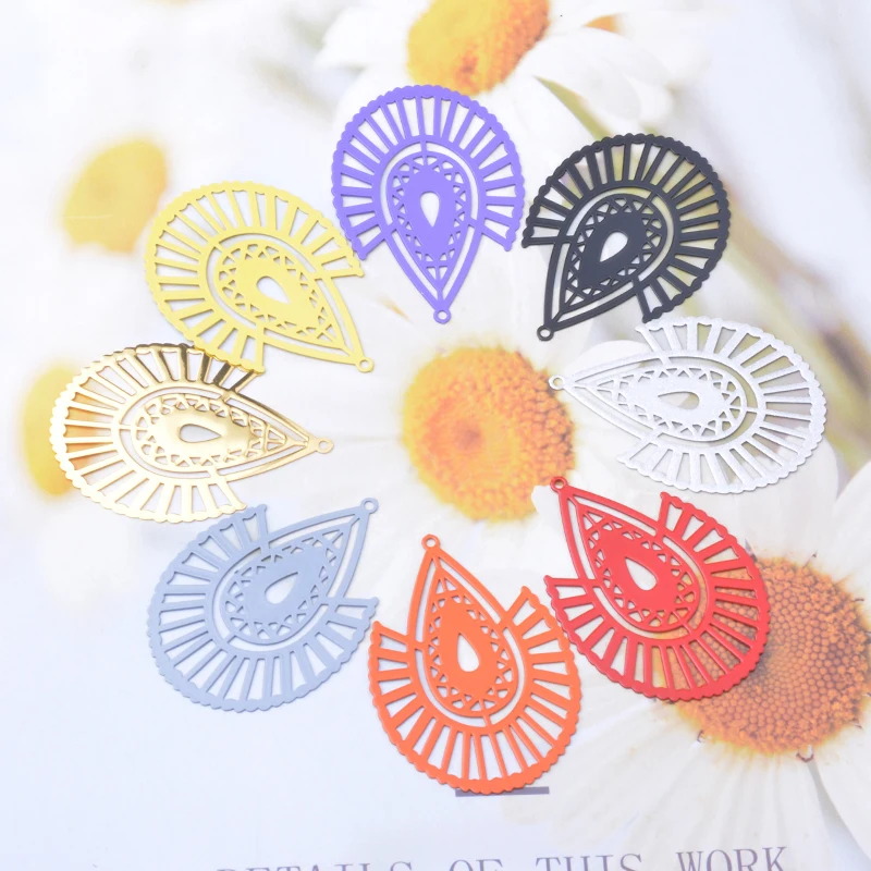 30pcs AB7797 Colorful Peacock feather shape Charms Filigree Brass Ear Base Gold Color Pendant DIY Jewelry Findings