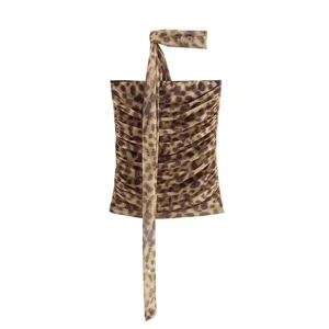 Feminino tule leopardo impressão topo com bandeau fora do ombro decote reto 2024 verão casual meninas para blusa de verão 10 principais vendas blusas estamoadas de moda - №8