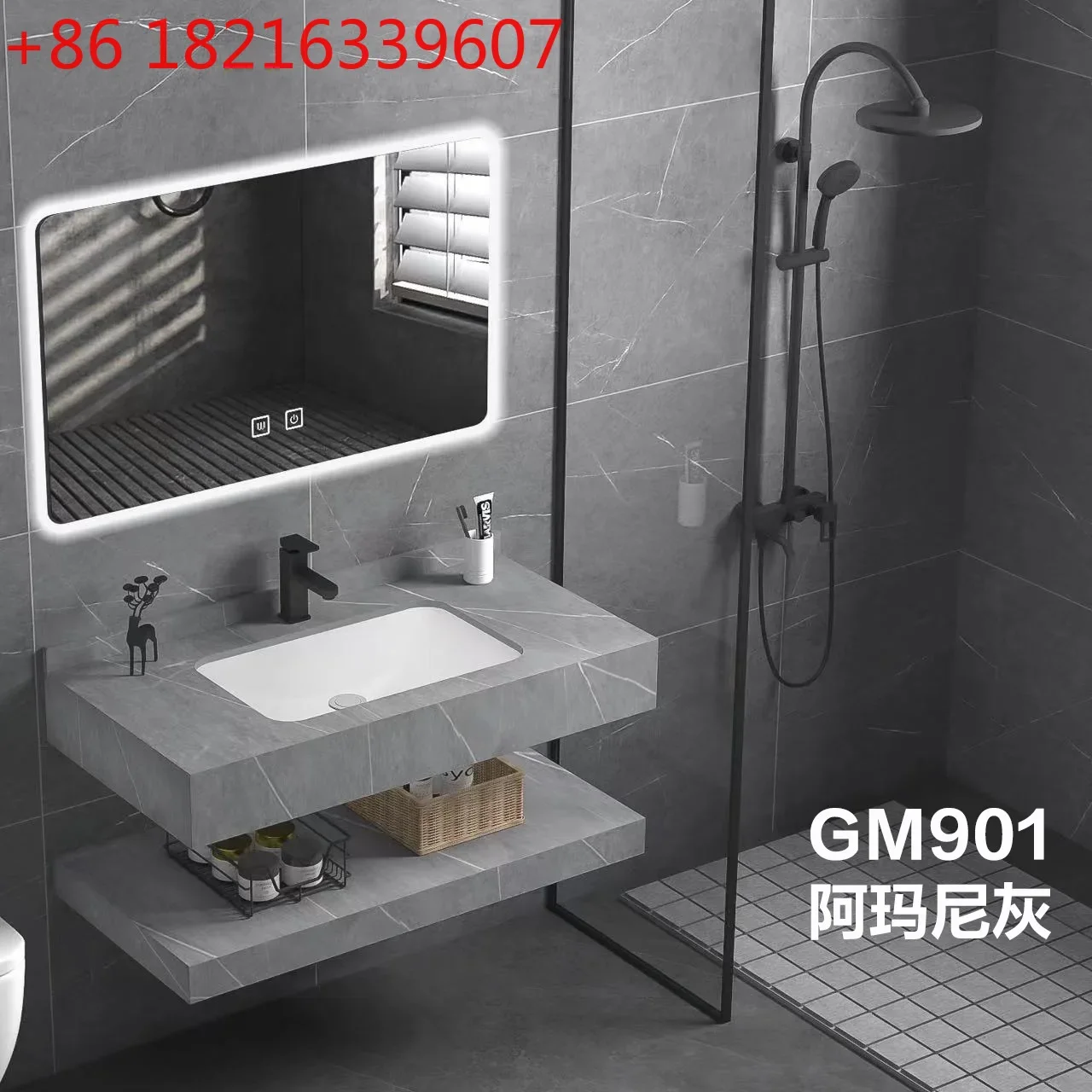 Matte rock slab ceramic basin Double-layer wall-mounted rock slab seamless washbasin Bathroom cabinet