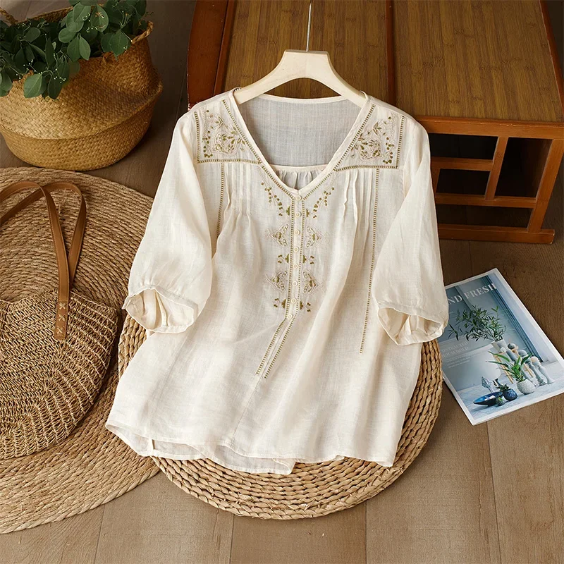 

Embroidery Chinese Style Women Blouses Summer Cotto Linen Tops Loose Short Sleeve Clothing Sales V-neck Korean Women's Shirts