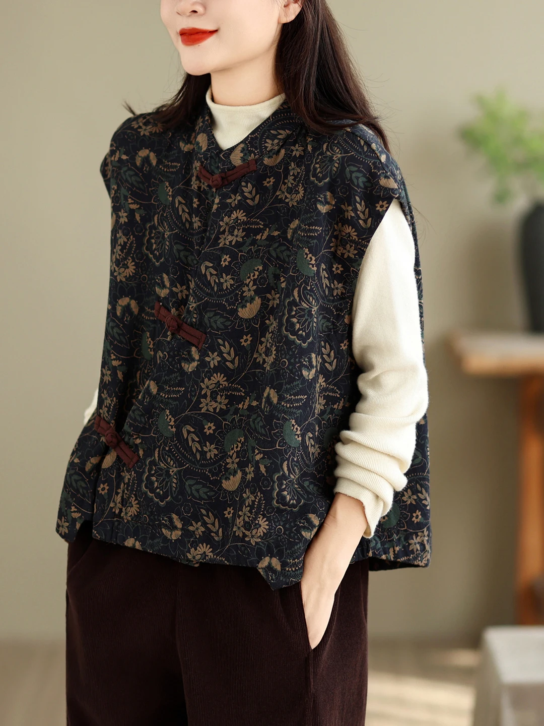 Authentic Chinese Style Floral Print No-Sleeve Vest Retro Versatile Fashionable Top Women's Cotton Polyester Blend Thickened ...
