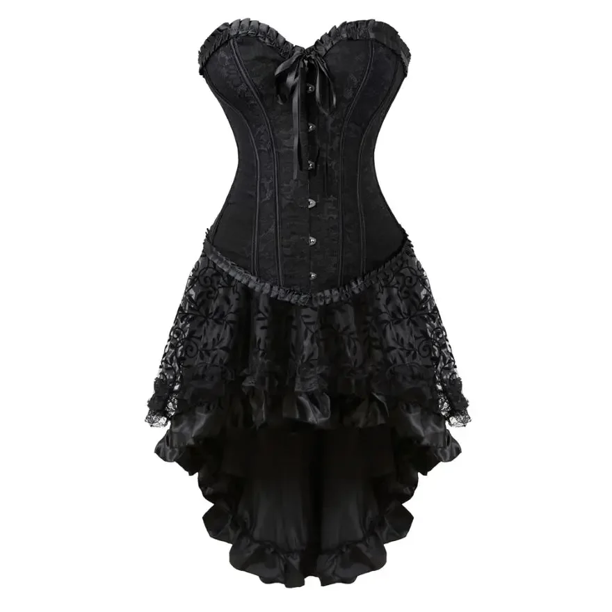 

Women Gothic Lace Overbust Corset Dress Set Print Vintage Corset Skirt Frenulum Bustier Plus Size Corset Lolita Sexy Costume