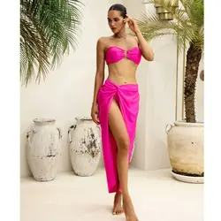 FLAXMAKER Bandeau Solid color Lace up Bikini Swimsuit and Sarong Women Beachwear Luxury Bathing Suit