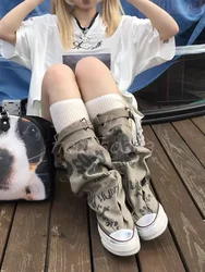 Graffiti Belt Buckle Mid-calf Boots Khaki Canvas Round Toe Slip-on High Top Sneakers Women's 2024 Trouser Street Style Shoes