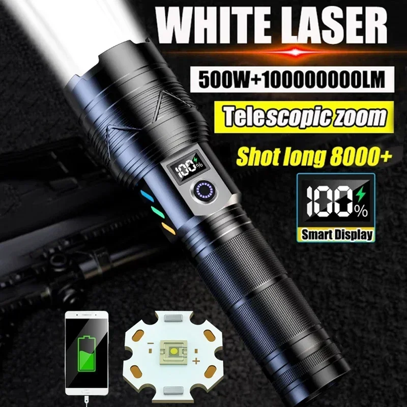 100000Lumen LED High Power Flashlight Ultra Powerful 500W Spotlight Long Range Torch Use 26650  Battery Zoom Emergency Lantern