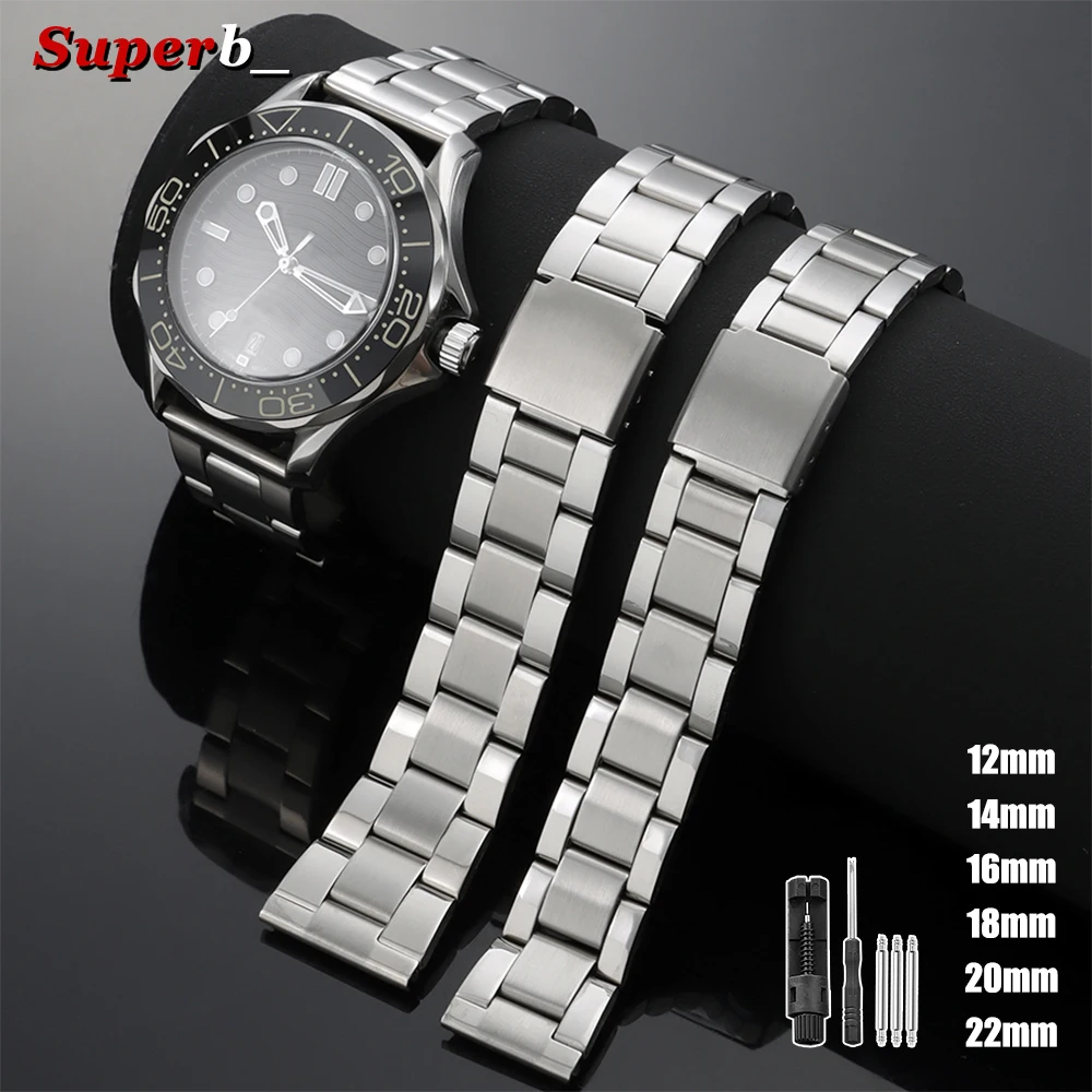 Stainless Steel Watchband 14mm 16mm 20mm 22mm Women Men Replacement Metal Bracelets for Seiko for Omega Wristband Folding Buckle