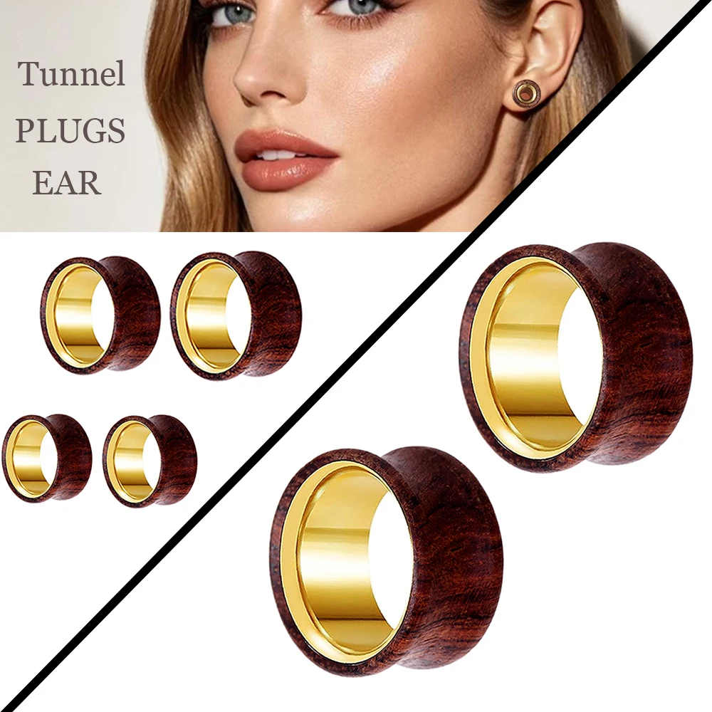 36pcs/lot Wood Inlaid Stainless Steel Double Flare Hollow Ear Tunnel Plugs 6-20mm Multi Sizes Earlobe Stretcher Piercing Jewelry