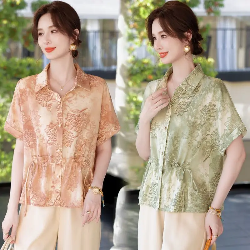 

Fashionable Summer Clothing for Moms Middle Aged and Elderly Women's Shirts Short Sleeve Loose and Casual Waist Cinching