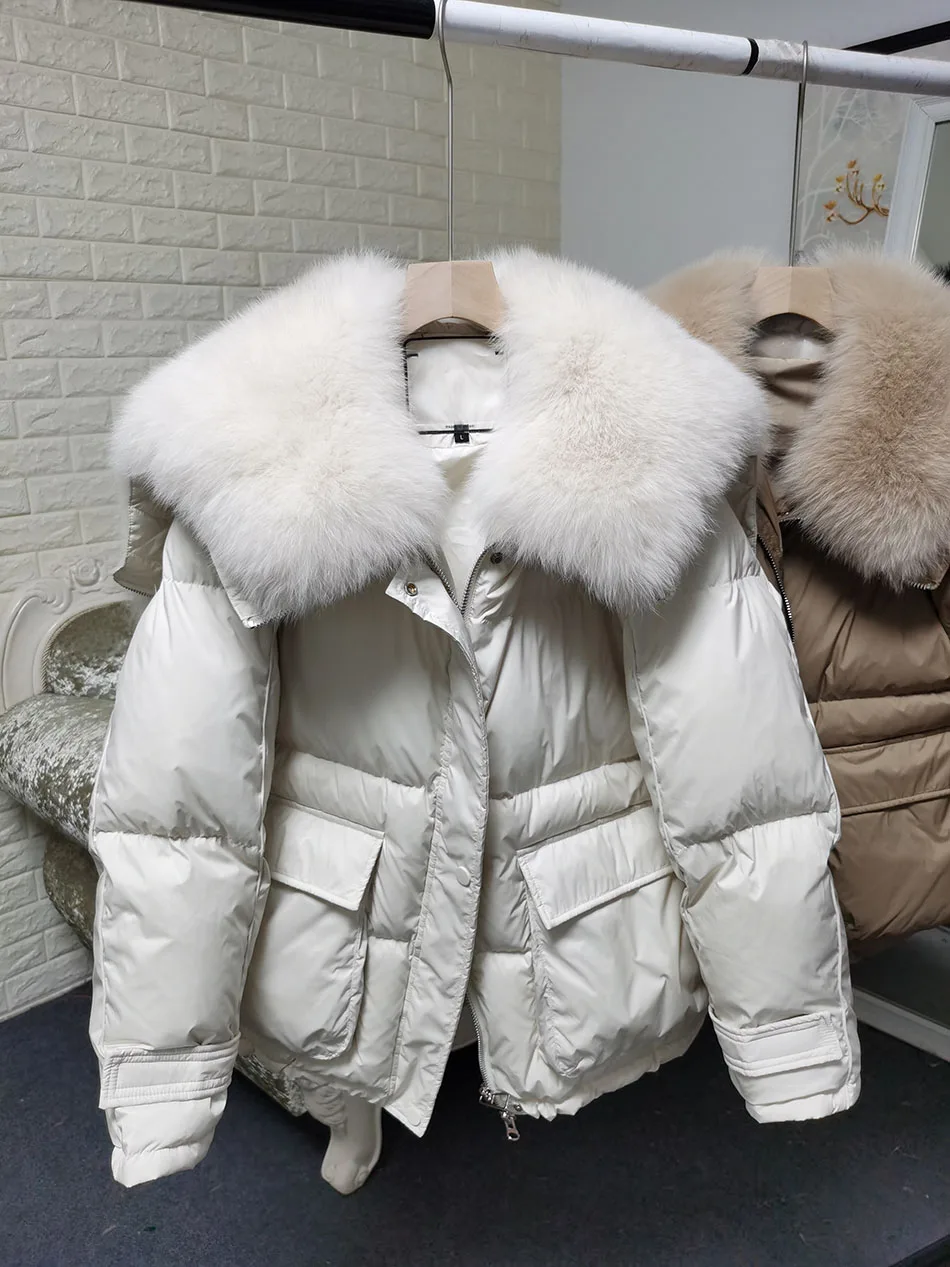 Maomaokong loose Real Fox Fur Collar 2024 White Duck Down Jacket Women Winter Luxury Puffer Coat Oversize Feather Outwear
