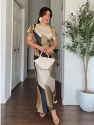 Dress For Women 2024 Summer Print O-Neck Short Sleeves Loose Long Dresses Wild Hollow Out Vinatge Female Pleated Dress