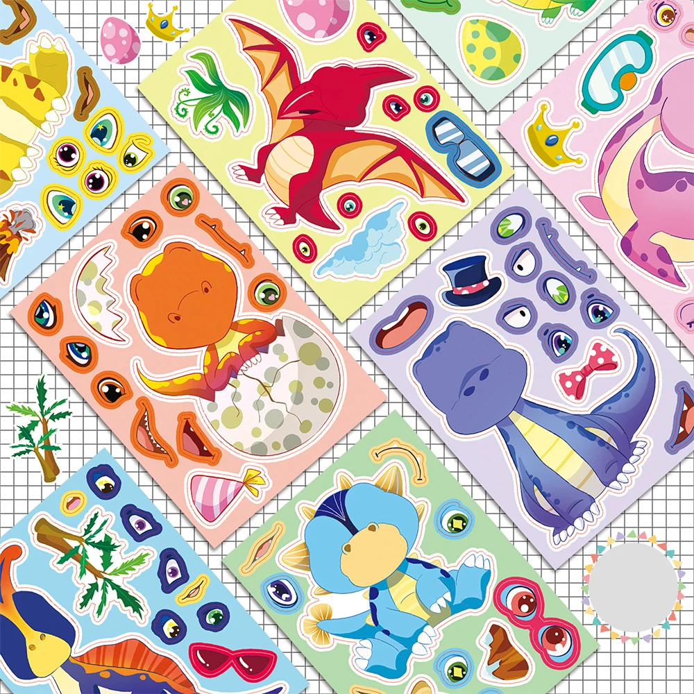 

8/16sheets Creative Cartoon Little Dinosaur Puzzle Stickers Cute Make a Face Jigsaw Game Decal Funny Education Toy Boy Girl Gift
