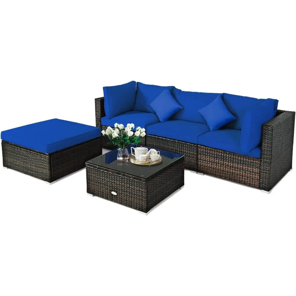 

Navy Blue 5-Piece Outdoor Patio Furniture Set with Glass Top Coffee Table and Cushioned Lounge Sofa for Garden or Deck